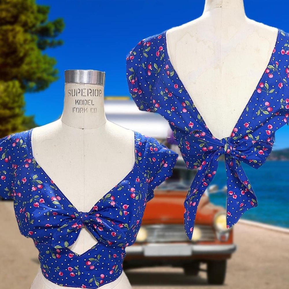 Retro Pinup Keyhole Blue Cherry Wrap Crop Top